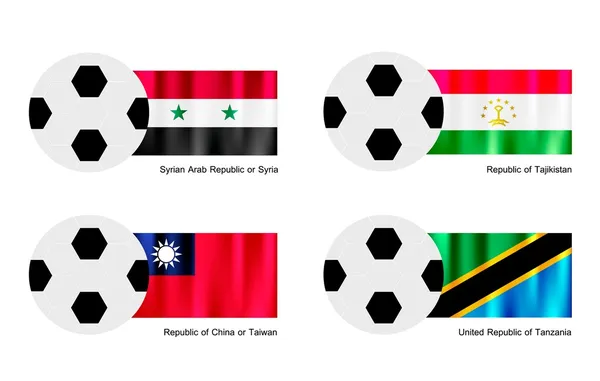 Ballon de football avec drapeau syrien, tadjik, taïwanais et tanzanien — Image vectorielle