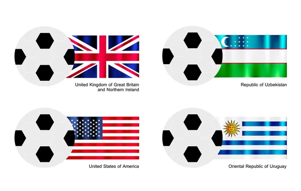 Fútbol Bola Reino Unido, Uzbekistán, Estados Unidos y Uruguay Bandera — Vector de stock