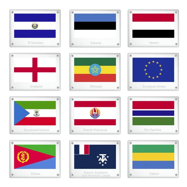 Colección de banderas nacionales sobre placas de textura metálica — Vector de stock