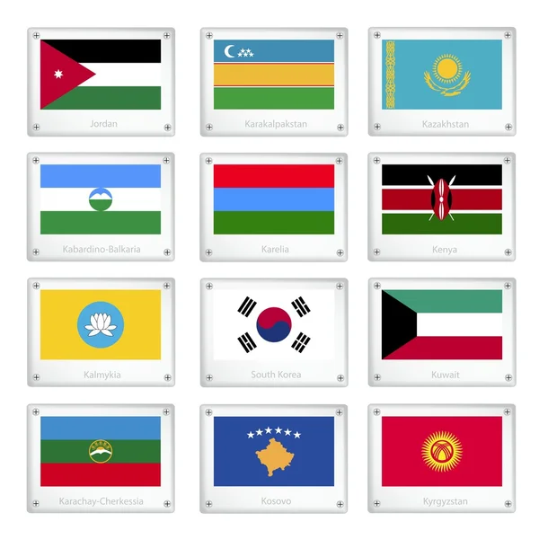 Een verzameling van nationale vlaggen op metalen textuur platen — Stockvector