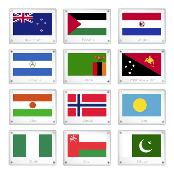 Deux drapeaux du monde sur des plaques de texture métallique — Image vectorielle