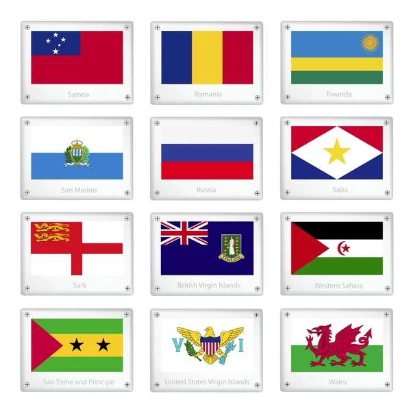 Doce países banderas en placas de textura metálica — Vector de stock