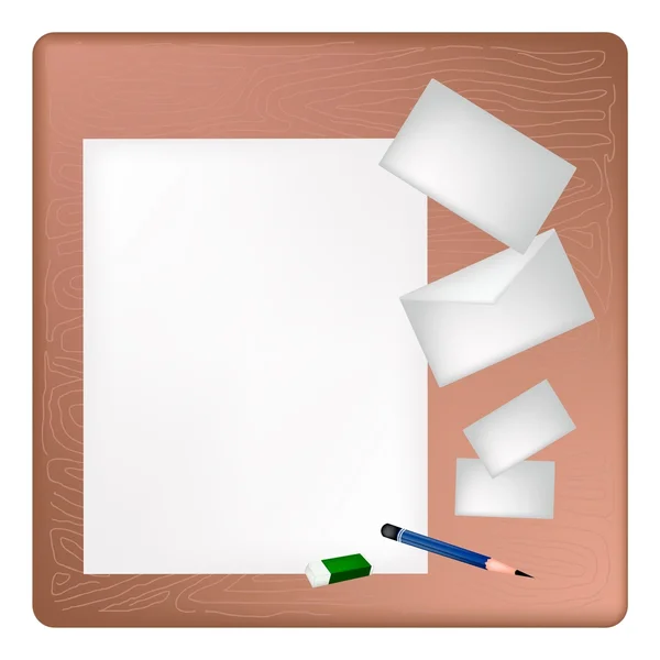 Crayon et gomme allongés sur une page blanche et une enveloppe — Image vectorielle