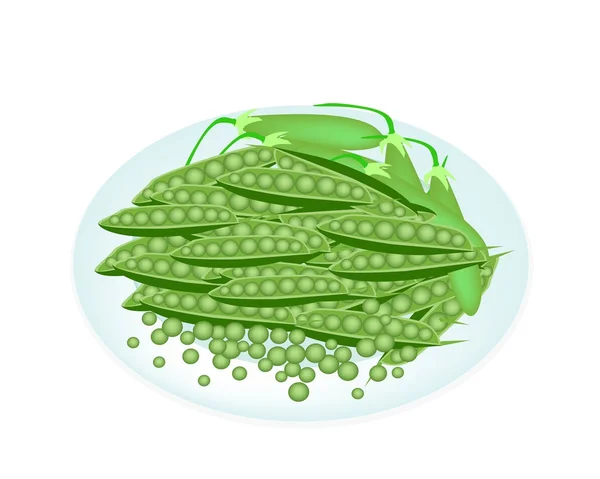Lahodné sladké zelený hrášek v bílé desky — Stockový vektor