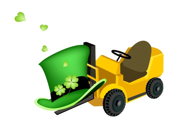 Yellow Forklift Truck Loading Four Leaf Clovers — Stock Vector