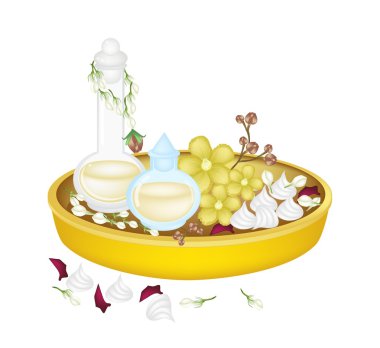 parfüm ve çiçek songkran Festivali için altın tepsi içinde