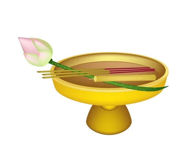 Lotus with Joss Sticks and Candle on Golden Tray — Stock Vector