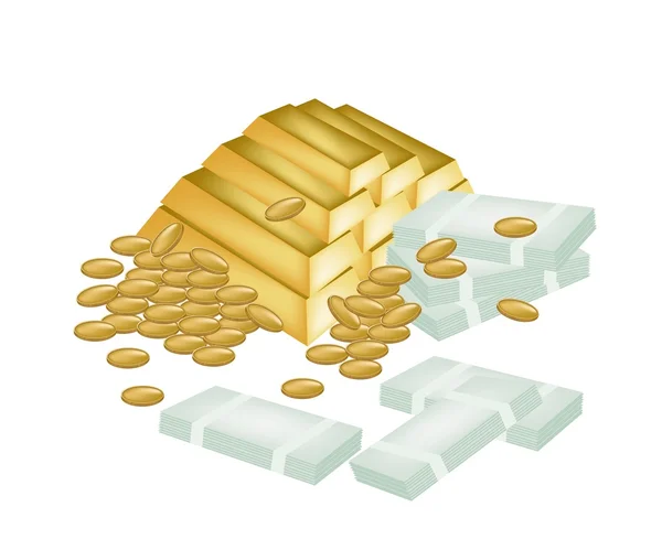 Stos pieniędzy, monety i złoto — Wektor stockowy