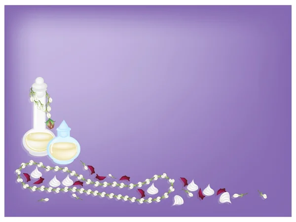 Parfémy a jasmín věnečky na fialovém pozadí — Stock fotografie