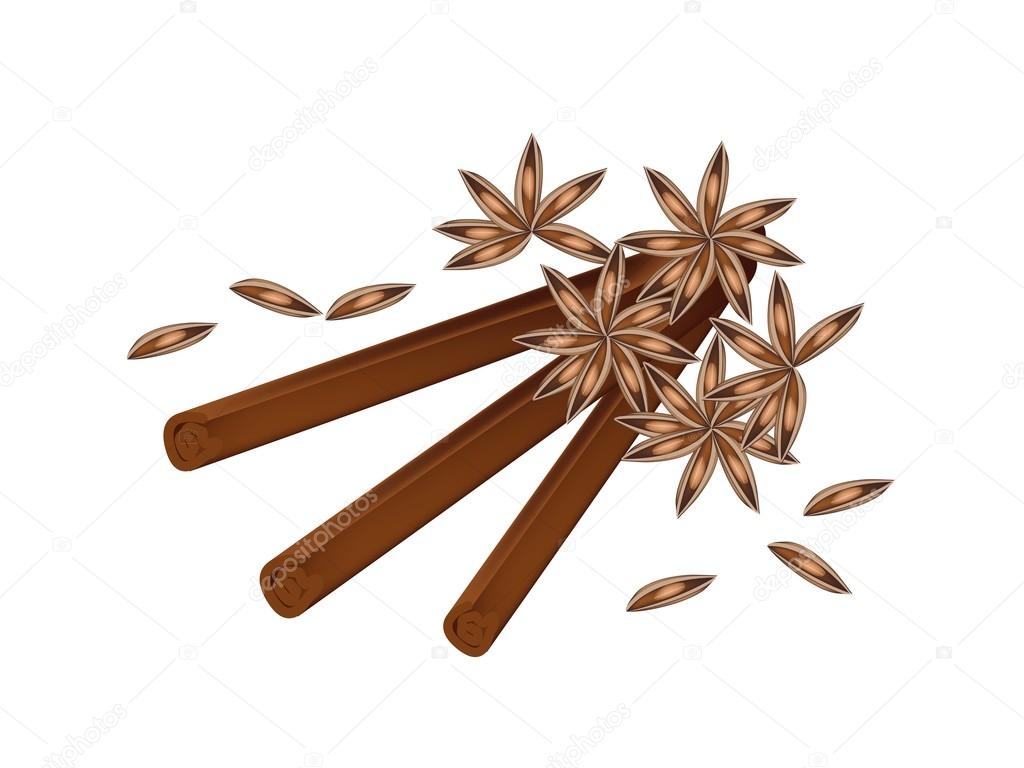 Stack of Dried Star Anise and Cinnamon Sticks