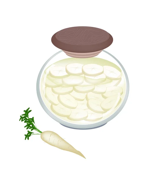 Frasco de rabanete branco em conserva com vinagre de malte —  Vetores de Stock