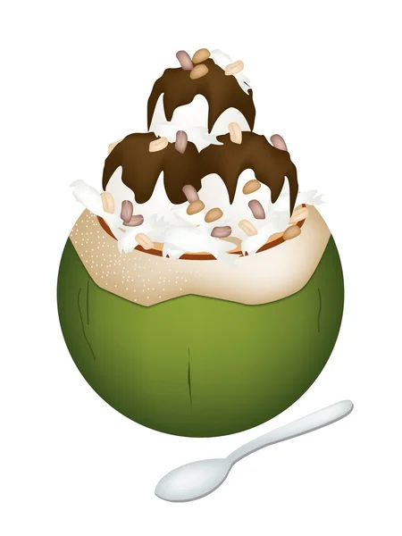 Helado de Coco con Nueces y Chocolate — Vector de stock