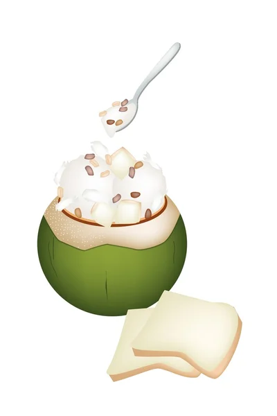 椰子冰淇淋，加坚果和面包 — 图库矢量图片