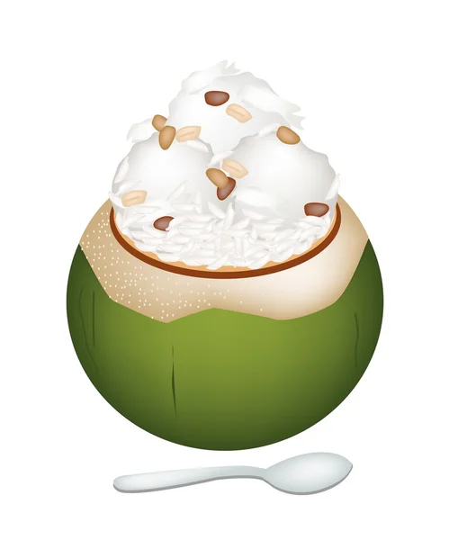 Kokosová zmrzlina s ořechy a lepkavá rýže — Stockový vektor