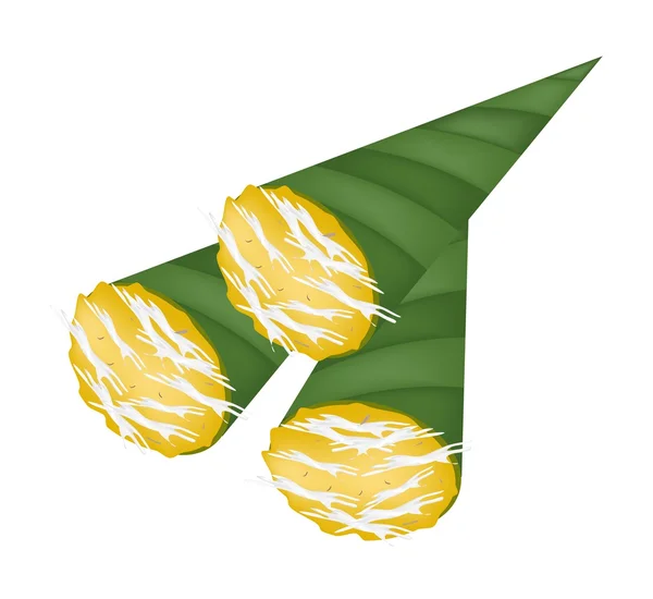 Thailändska toddy socker palm tårta i banana leaf kon — Stock vektor