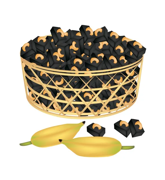 Uma cesta marrom de doces de banana doce com caju — Vetor de Stock