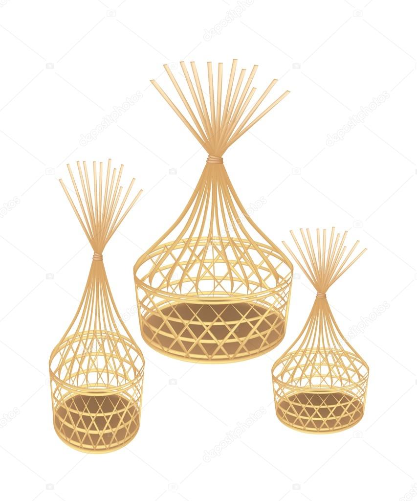 Brown Bamboo Wicker Baskets on White Background