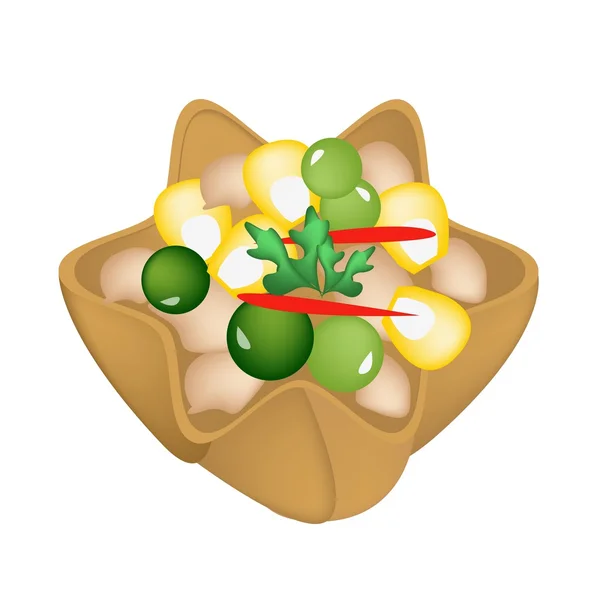 Poulet haché et maïs sucré dans une tasse dorée croustillante — Image vectorielle