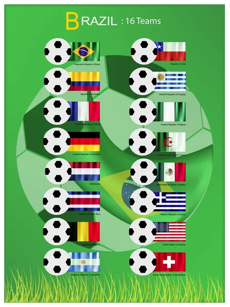 16 Equipos de Torneo de Fútbol en Brasil 2014 — Vector de stock