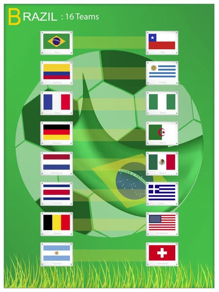 16 Mannschaften bei Fußballturnier in Brasilien 2014 — Stockvektor