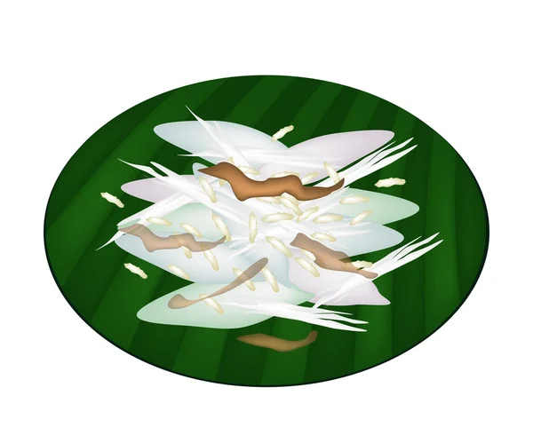 Gâteau de riz collant thaïlandais sur feuille de banane verte — Image vectorielle