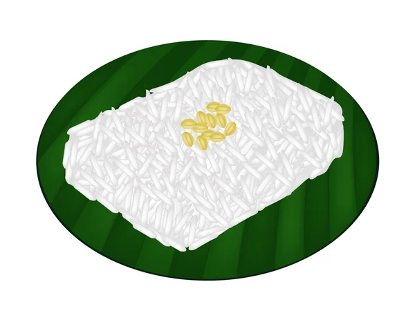 Lezzetli tatlı yapışkan pirinç muz yaprağı üzerinde — Stok Vektör