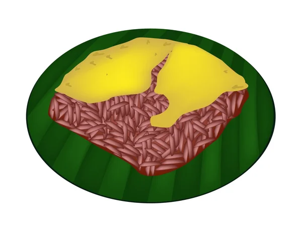 Красный липкий рис с заварным кремом на банановом листе — стоковый вектор