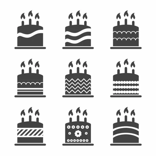 Set Icone Torta Simbolo Compleanno Design Piatto Illustrazione Vettoriale — Vettoriale Stock