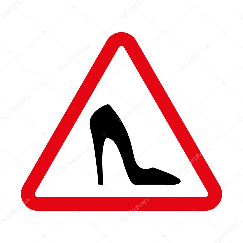 Woman high heels automobile driver sign vector. Elegant black silhouette. Information icon. Female shoe in red triangle
