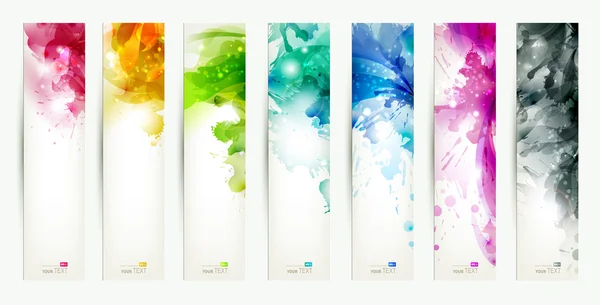 Ensemble de sept bannières de couleur variée, en-têtes abstraits avec taches — Image vectorielle