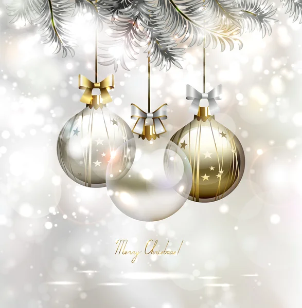 夕方の 3 つのボールと光のクリスマス背景 — ストックベクタ