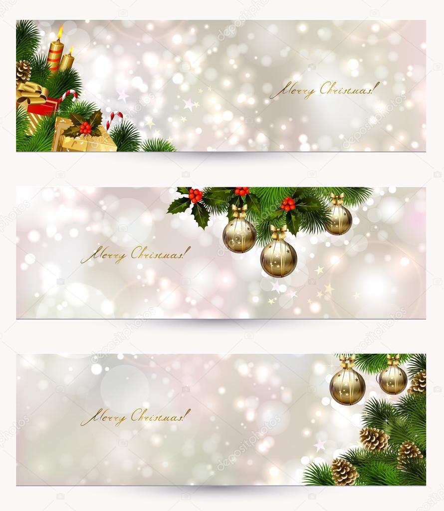 Set of three light Christmas banners with vitality cones, fir tree and balls