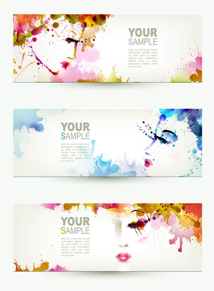 Beautiful abstract women faces on three headers — Stock Vector