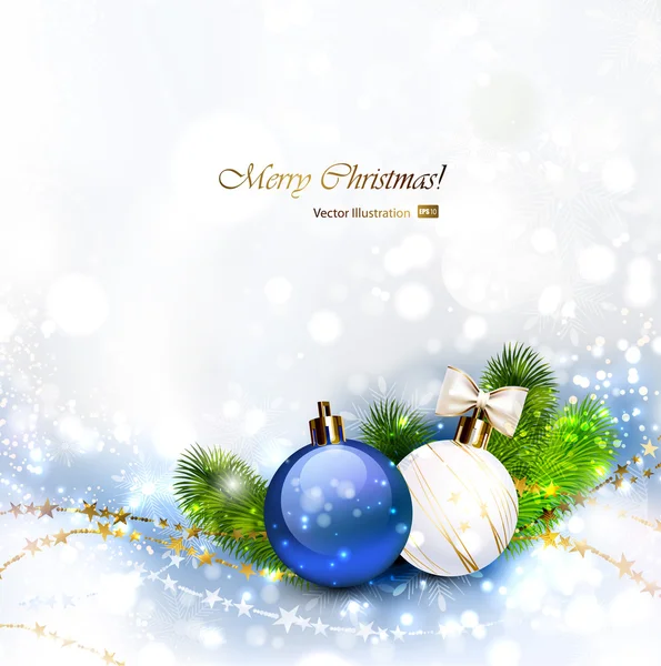 Weihnachtlicher Hintergrund mit Christbaumkugeln und Tannenzweigen. — Stockvektor