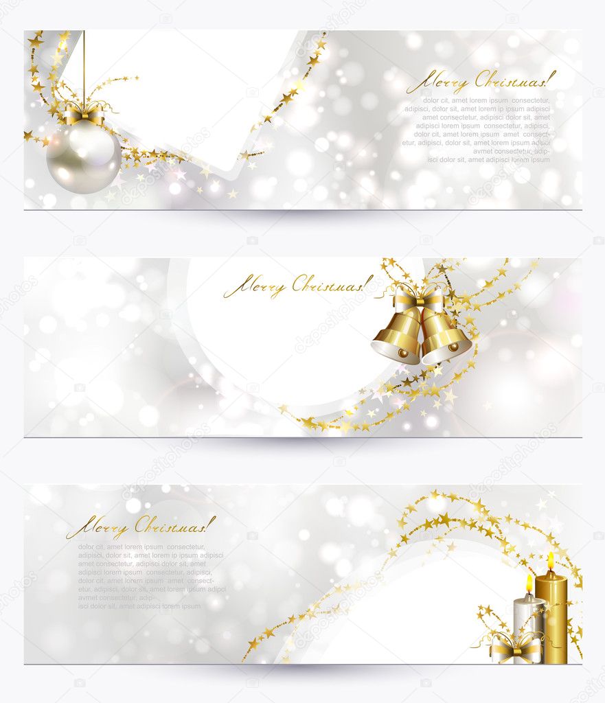 Set of three light Christmas headers with garlands and Christmas symbols