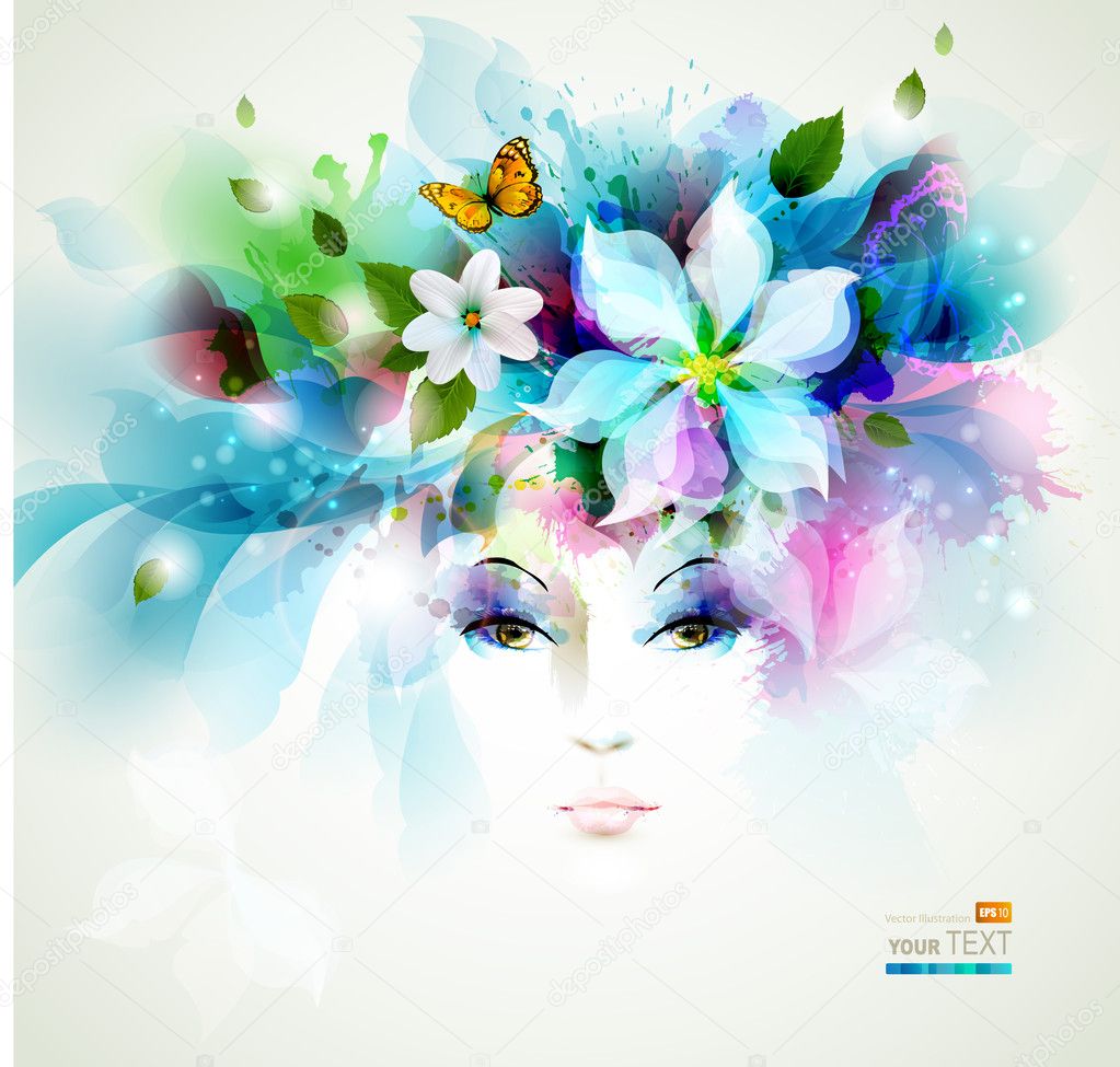 Beautiful fashion woman face with natural elements, flowers and butterflies