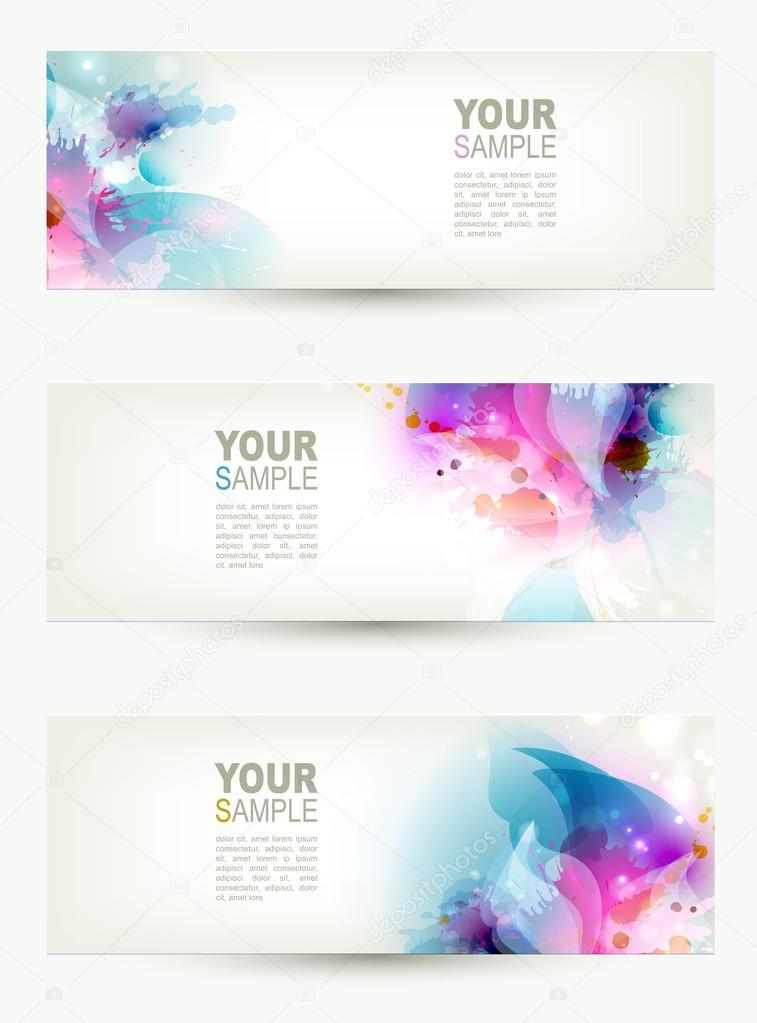 Set of three banners, abstract headers with blue and pink blots