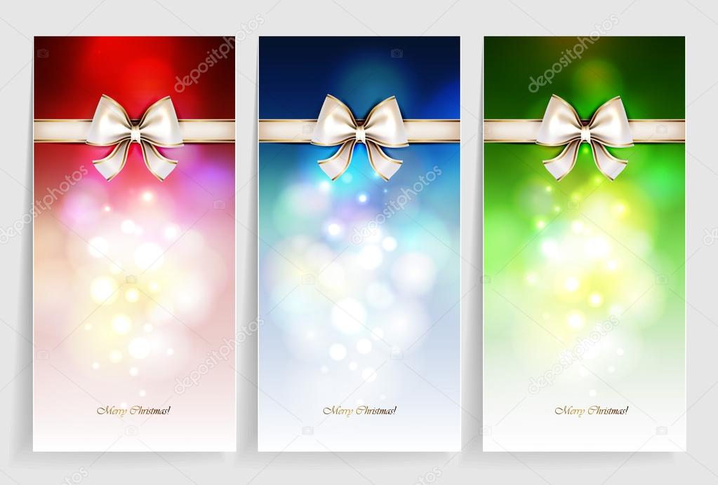 Three multicolor Christmas greeting cards with bow.