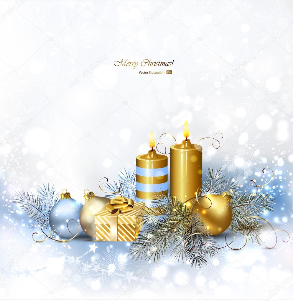 Light Christmas background with burning candles and Christmas bauble