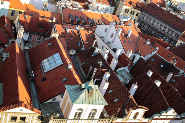 Top view on the roofs of houses in Prague, the Czech Republic