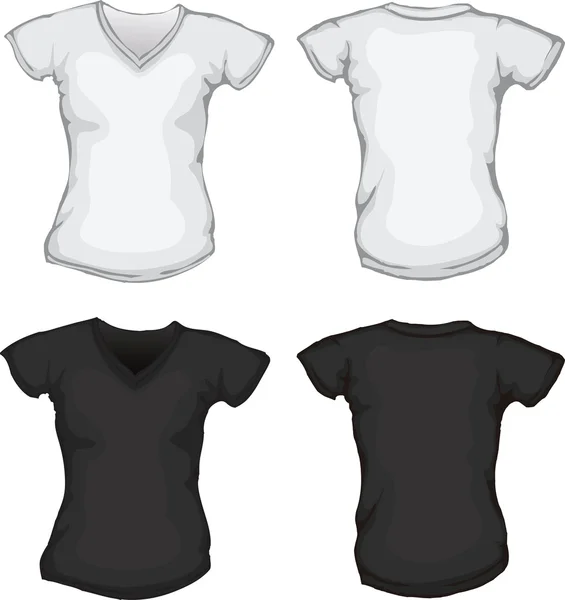 Černá bílá ženské v-neck triko šablona — Stockový vektor