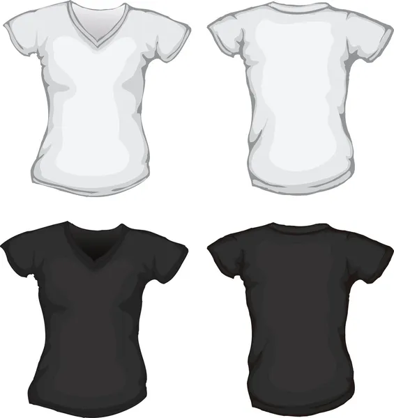 Negro blanco femenino v-cuello plantilla de camisa — Vector de stock