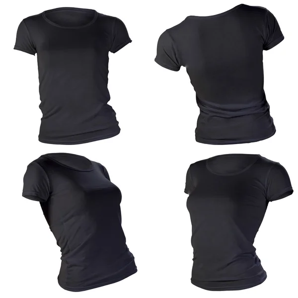 妇女的空白的黑色 t 恤模板 — 图库照片