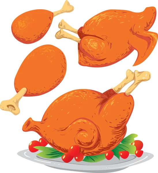 Roast chicken on plate .Vector food isolated on white — Stock Vector