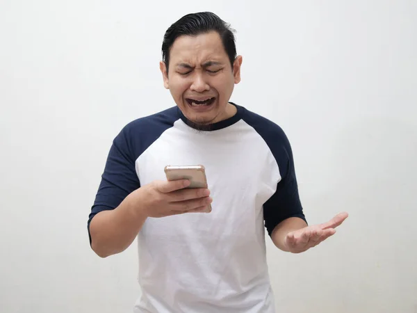 Příjem Špatné Zprávy Telefonní Koncept Asijský Muž Šokován Smutný Při — Stock fotografie