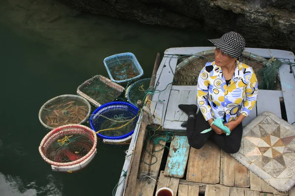 Hawker en un barco, bahía de Halong, Vietnam — Foto de Stock
