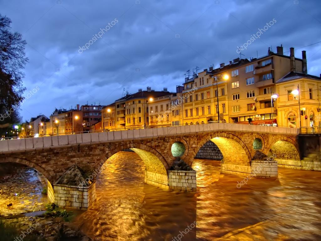 Latin Bridge on Miljacko river at night, Sarajevo, Bosnia and