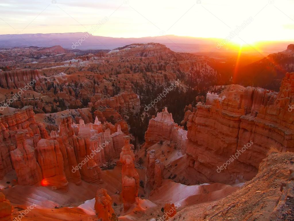Sun rising in Bryce Canyon National Park, view from Sunset point, Utah, USA