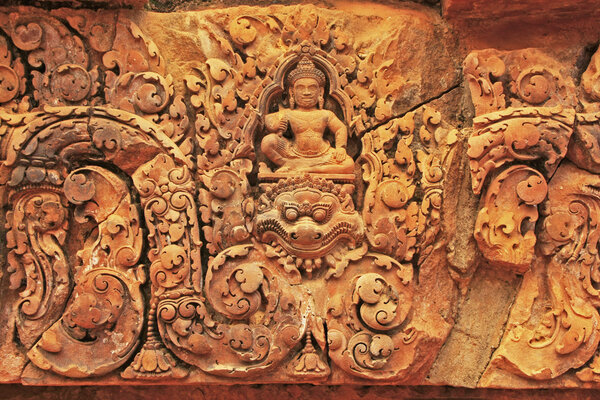 Decorative wall carvings, Banteay Srey temple, Angkor area, Siem Reap, Cambodia
