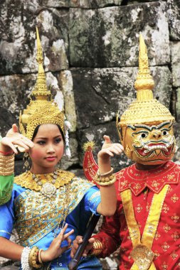 Bayon tapınakta, angkor alanı, sahne apsara dansçılar siem reap, Kamboçya